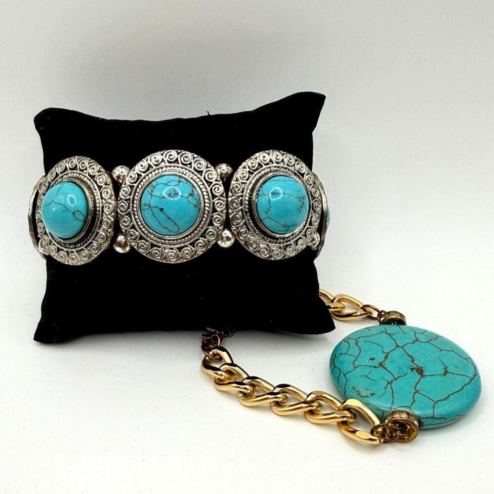 Turquoise Look Bracelet Set | 2 Pc Boho Western Jewelry | Statement Stack